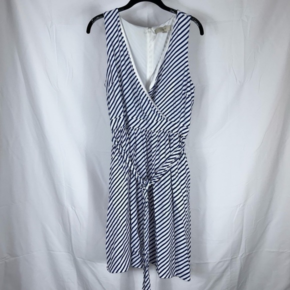 Loft Dress Above The Knee Stripe Belted Fit & Flare Wrap Dress V-Neck Sleeveless - Picture 6 of 8